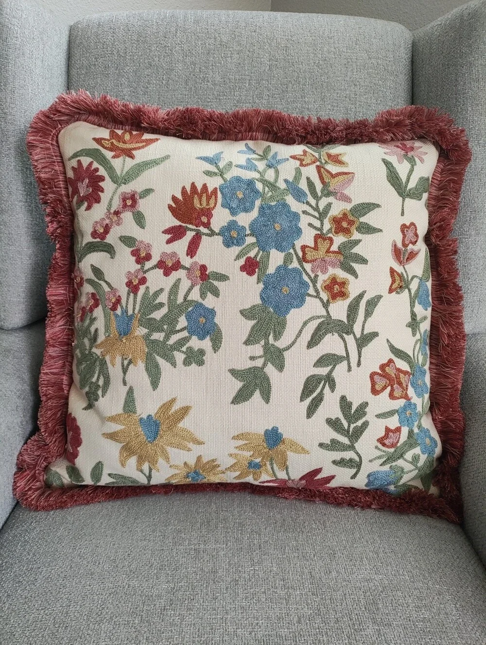 PB Bluebell Embroidered Floral Fringe Pillow Cover